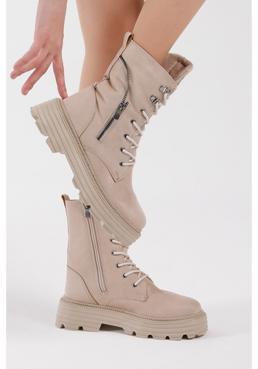 Tonny Black Kadın Krem Süet Poli Taban Fermuar Detaylı Rahat Kalı