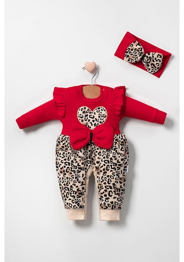 Leopar Desenli Fiyonklu % 100 Pamuk Kız Bebek Tulumuuuuuuuuu Kırmızı