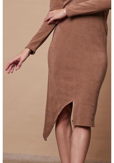 Kadın Likralı Triko Kumaş Tam Balıkçı Asimetrik Uzun Kol Diz Boy Elbise-camel Camel