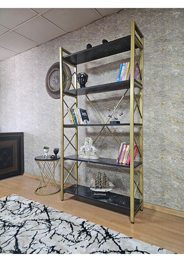 Gold Boyalı Kitaplık - 5 Raflı Suntalem Lüks Kitaplık Siyah Merme Çok Renkli