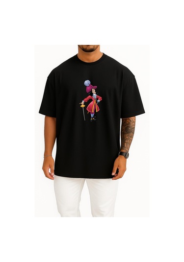 Bahriyeli Collection Oversize Captain Hook Digital İllustration, Captain Hook Peter Pan Göğüs Tasarımlı Unisex T-shirt SIYAH