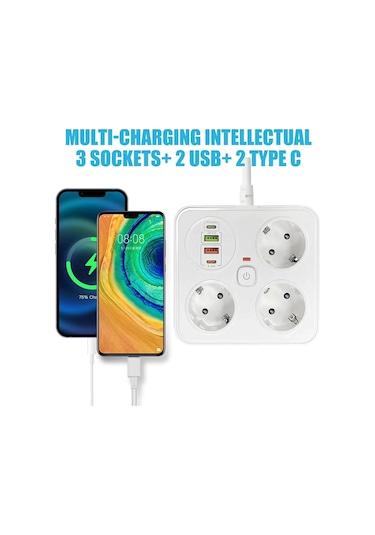 Akım Korumalı Anahtarlı Priz - 3x Priz - 2x Usb - 2x Type-c - 2 Mt Kablo Hızlı Şarj Özellikli Siyah 1
