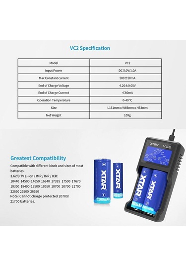 Xtar Vc2 Usb Lcd Ekran Akıllı Şarj Ve Test Cihazı 3.7V Li-İon