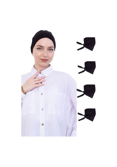 Kadın Tesettür Bone Bağcıklı Dikişsiz Penye 4 Parça Set Siyah