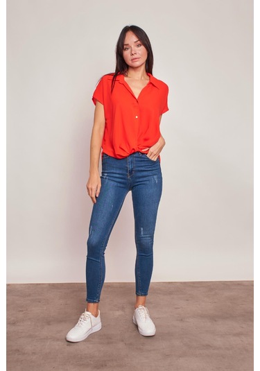 Likrasız Şık Kumaş Yakalı Düşük Omuzlu Önü Pileli Gömlek-oranj Oranj