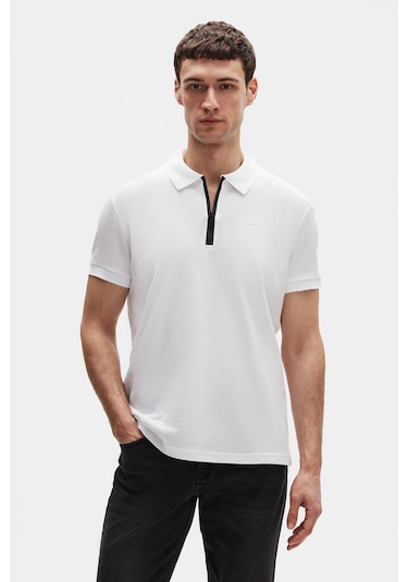 Twn Slim Fit Beyaz Pike Dokulu Yarım Fermuarlı Polo Yaka T-shirt 4ec14ortfrplo Beyaz