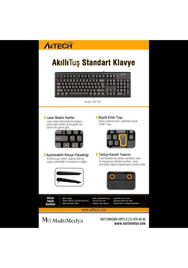 A4 Tech Km-720, Siyah, Usb Kablolu, Türkçe Q, Multimedya Klavye