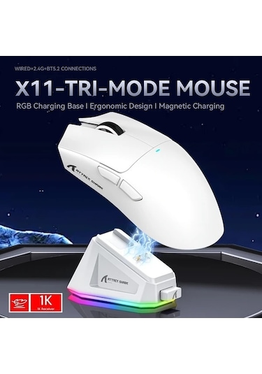 Sandwich Attack Shark X11 Beyaz Hafif Kablosuz Rgb Oyun Faresi 22k Paw3311 Sensör 5 Tuşlu Bilgisayar Mac -