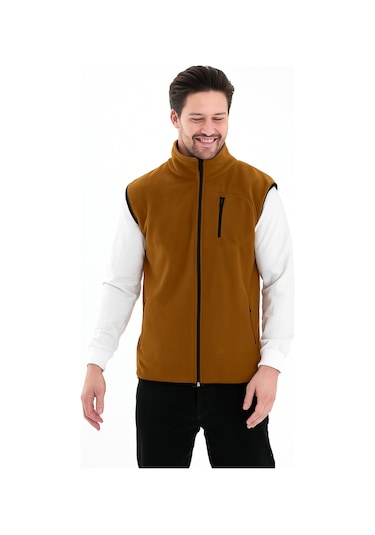 Erkek Tam Fermuarlı Spor Polar Yelek Camel