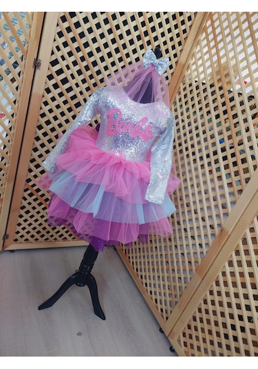 Uzun Kollu Barbie Elbise Rengarenk Pembe Gri
