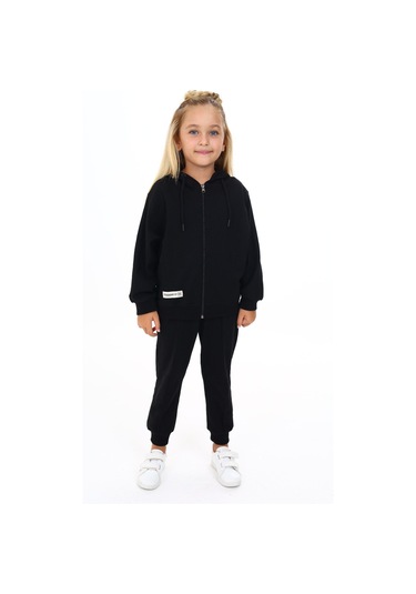 Toontoy Kız Çocuk Yarasa Kol Armalı Eşofman Takım Siyah