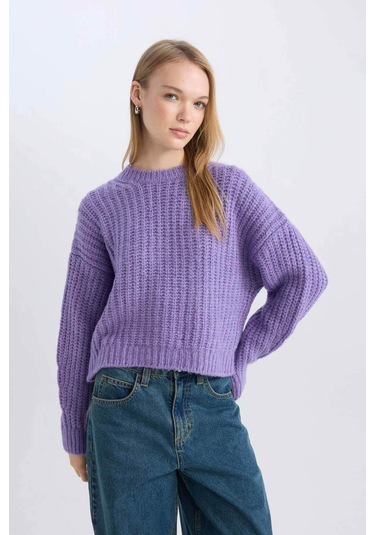 DeFacto Coool Oversize Geniş Kalıp Bisiklet Yaka Triko Kazak V1811AZNSPR262 Mor