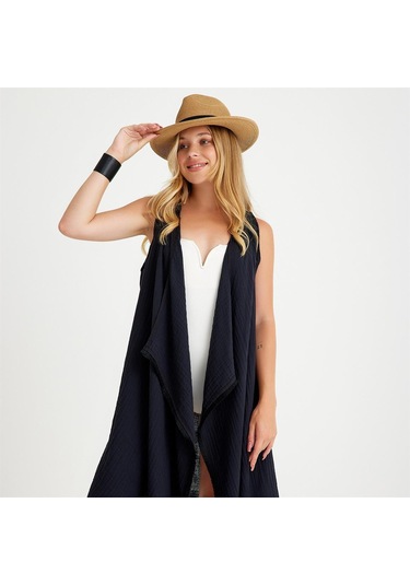 Pamuklu Dokuma Kemerli Püsküllü Plaj Elbisesi - Standart Siyah