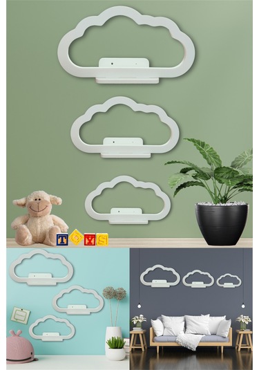 3lü Uçan Bulut Dekoratif Beyaz Ahşap Duvar Rafı Çocuk Odası Salon Mutfak Duvar Dekor Raf Seti Diğer