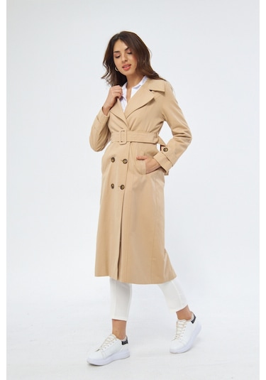%100 Pamuk Ekstra Uzun 120cm Kruvaze Kadın Trençkot 1121 Açık Bej
