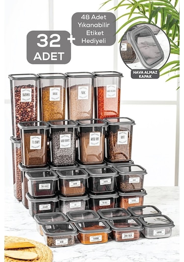 Meleni Home 32'li Etiketli Kapaklı Kare Erzak Saklama Kabı Seti 8x 0,3 Lt-0,5 Lt-1,1 Lt-1,7 Lt Baharatlık