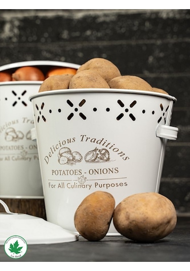 Lüx Metal Patates Soğanlık Kovası Sebze Saklama Kabı Beyaz