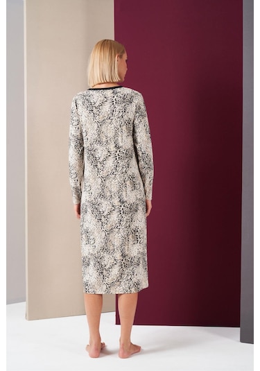 Pjs 26024 Kadın Patlı Dantel Detaylı Desenli Uzun Kol Gecelik Desenli