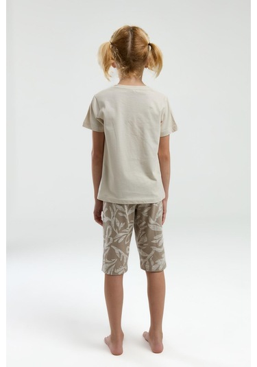 Arnetta 3301 Garson Nature Lover Kız Çocuk Bisiklet Yaka Kısa Kol Kapri Pijama Takım Bej