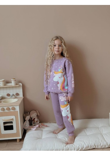 Kız Çocuk Unicorn Modelli 3 İplik Takım Lila
