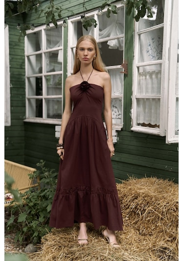 Elisa Gül Detay Bordo Uzun Elbise Bordo