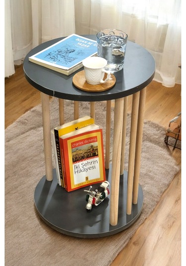 Ahşap Ayaklı C Sehpa Koltuk Sehpası Yan Sehpa Zigon Sehpa Servis Sehpası Antrasit