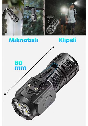 5 Modlu Şarjlı Klipsli Mıknatıslı El Feneri Mini 3 Cob Led Lamba Acil Durum Işığı 8433 Siyah