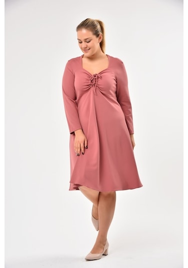 Scuba Göğsü Bağlama Detaylı Uzun Kol Mevsimlik Midi Boy Elbise 001