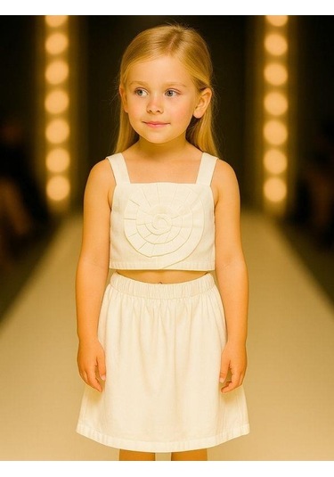 Kız Çocuk Crop Dokuma Çiçekli Etek Takım-15966 Beyaz