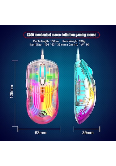 Cbtx Hxsj X400 12800 DPI 6 Tuşlu Kablolu Şeffaf RGB Oyuncu Mouse