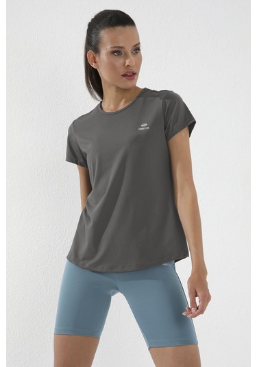 Koyu Gri Basic Kısa Kol Standart Kalıp O Yaka Kadın T-shirt - 97144 Koyu Gri