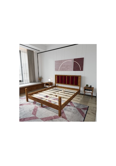 Orion Model Bordo Puflu Başlıklı Ceviz Renk Çam Ahşap Karyola-73 140 x 200