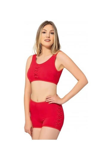 Markahit Argisa Tüllü Detaylı Şortlu Bikini Kırmızı