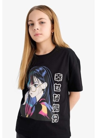 DeFacto Kız Çocuk Relax Fit Bisiklet Yaka Baskılı Kısa Kollu Tişört E0389A825SMBK81