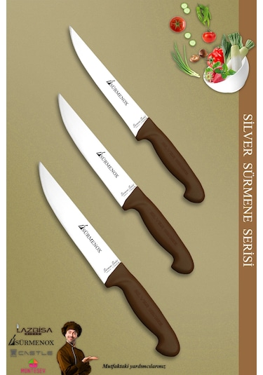 Sürmene Silver Serisi Kahve Sap Mutfak Bıçak Seti Et Ekmek Sebze Meyve Kesme Bıçağı 3 Lü Srm-029 Kahverengi