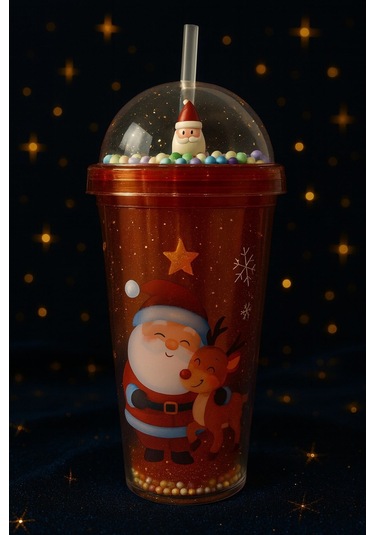 Desenli Renkli Pipetli Kupa Bardak Kar Taneleri Altında Noel Baba Ve Sevimli Geyik Suluk 450ml 2768a Çok Renkli
