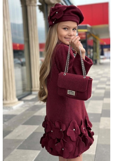 Riccotarz Kız Çocuk Yakası Taş Ve Yonca Detaylı Çıtçıt Düğmeli Bordo Kaşe Bordo