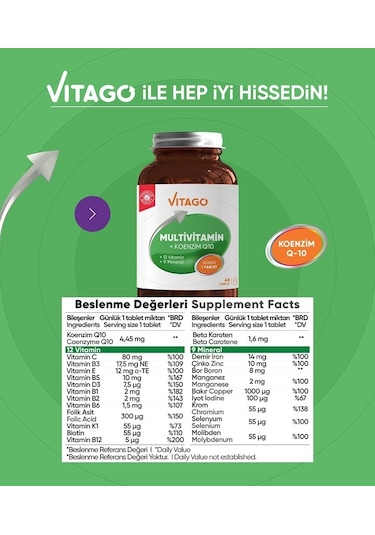Vitago Multivitamin Koenzim Q-10 Takviye Edici Gıda 60 Tablet