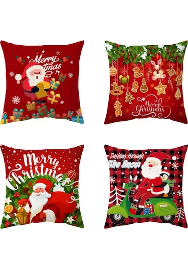 Hombey Noel Serisi Koltuk Yastık Kılıfı 4'lü Set, 44x44cm, Tek Yüzlü Kısa Tüy, Dijital Baskı, Gizli Fermuar, Ev Dekorasyonu Hediyesi Diğer