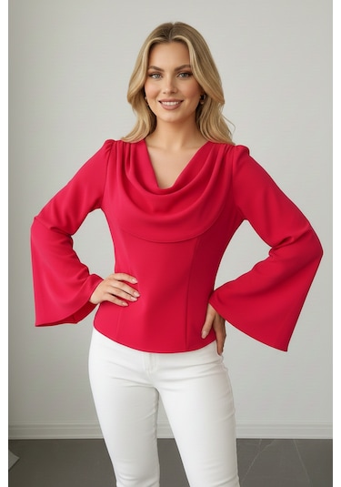 Khi-zai Kadın Degaje Yaka Şehirli Stil Bluz Pembe
