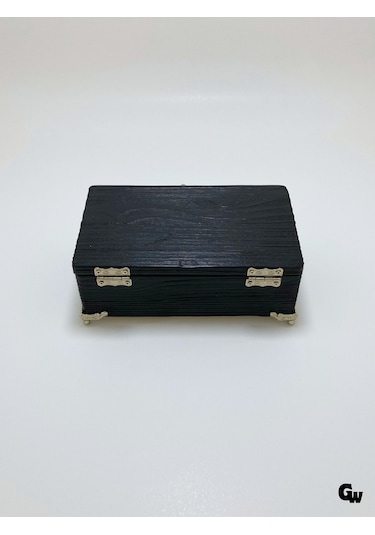 Doğal Ahşap Hareli Takı Kutusu Ahşap Saklama Kutusu Beyaz Çam Antrasit Boy:20cm En:12cm Yük:8cm