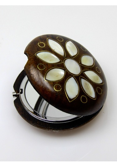 Sedef Işlemeli Telkari Ceviz Ağacı El Yapımı Makyaj Aynası Euay5 Beyaz