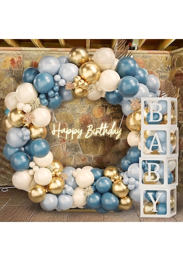 Okyanus Temalı Baby Shower Set 119 Parça Okyanus Mavi, Deniz Kumu, Krom Gold Ve Açık Mavi Balon Set
