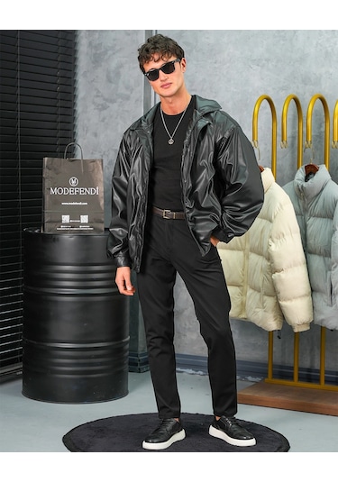 Modefendi Yüksek Kalite Bomber Oversize Deri Mont Siyah