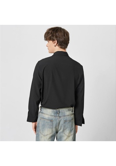 İncerun Bahar Erkek Püskül Baskılı Uzun Kollu Gömlek Salaş Siyah