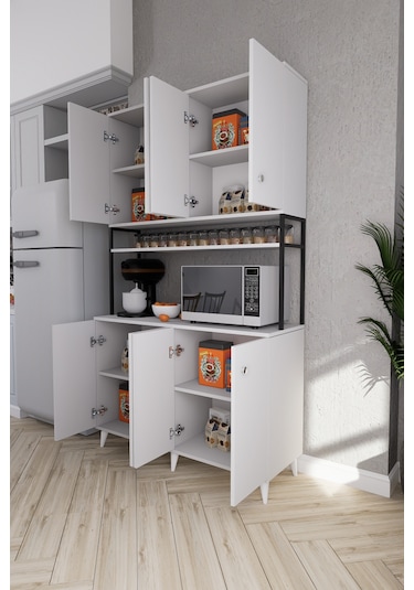 Nexar Kavhe Köşesi 8 Raflı Çok Amaçlı Mutfak Dolabı Beyaz Beyaz