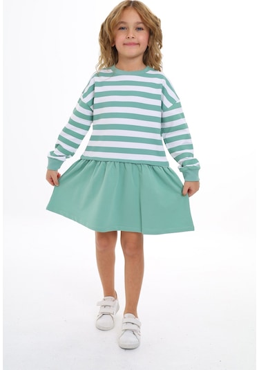 Toontoy Kız Çocuk Çizgili Elbise Yeşil