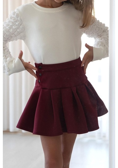 Breeze Kız Çocuk Mini Etek Pileli Çıtçıt Detaylı 7-12 Yaş, Bordo Bordo