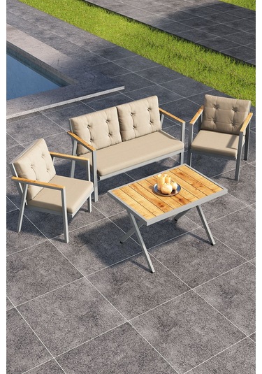 Sierra 2+1+1 Metal İskeletli Suya Dayanıklı Minderli Bahçe Balkon Mobilya Takımı Cappuccino