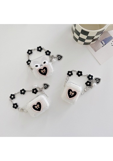 Apple Airpods 3. Nesil İle Uyumlu Kılıf Kalp Leopar Taş Kiraz Desenli Fiyok Tutmalı Kılıflar Siyah+gümüş